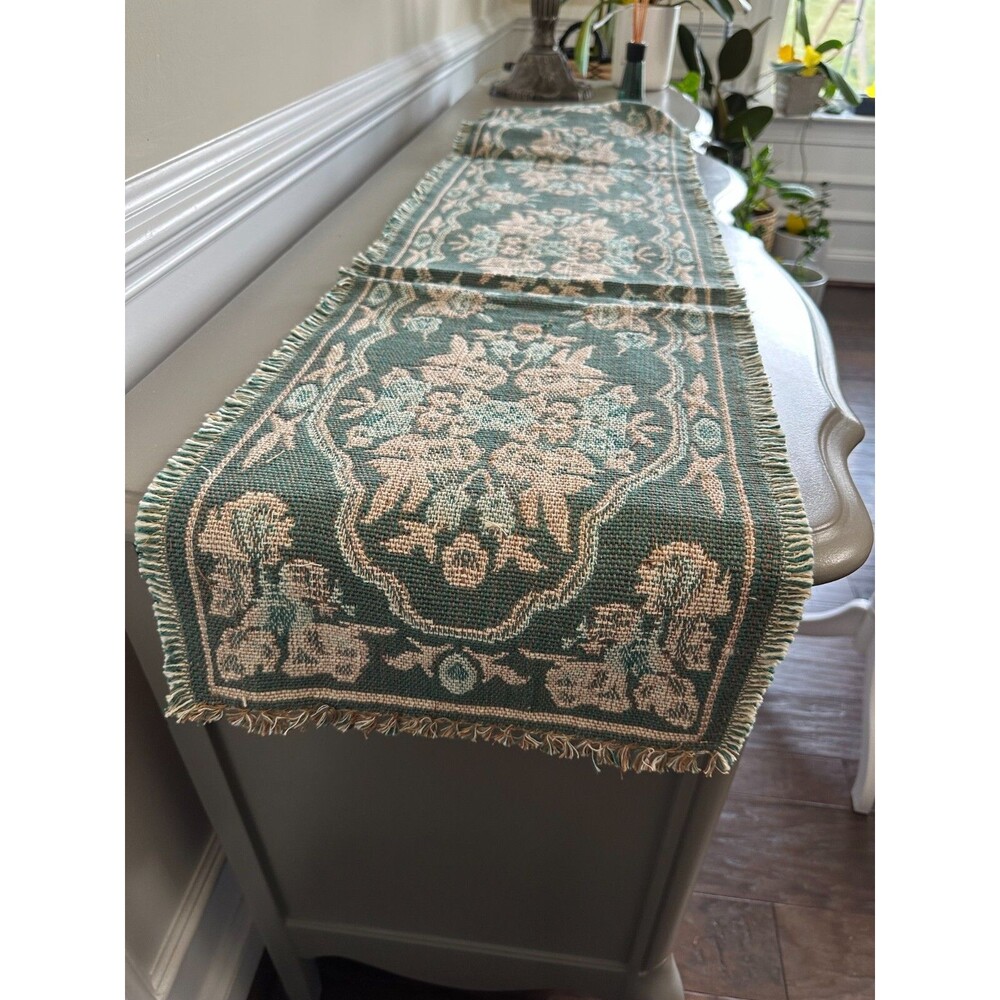 Vintage Retro Table Weaved Runner Floral Green Tablecloth L 70# x W 12"